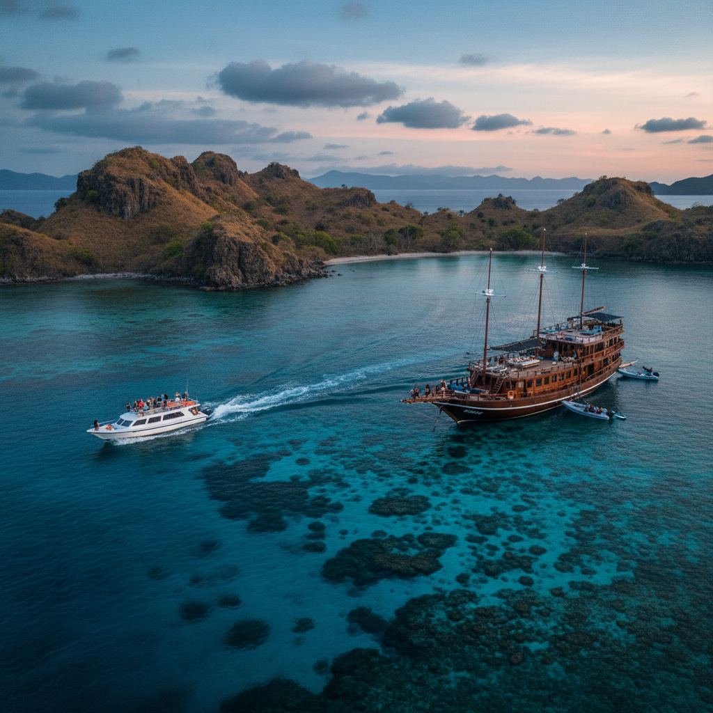 Komodo liveaboard private phinisi cabin interior with double bed, teak panelling, en-suite bathroom